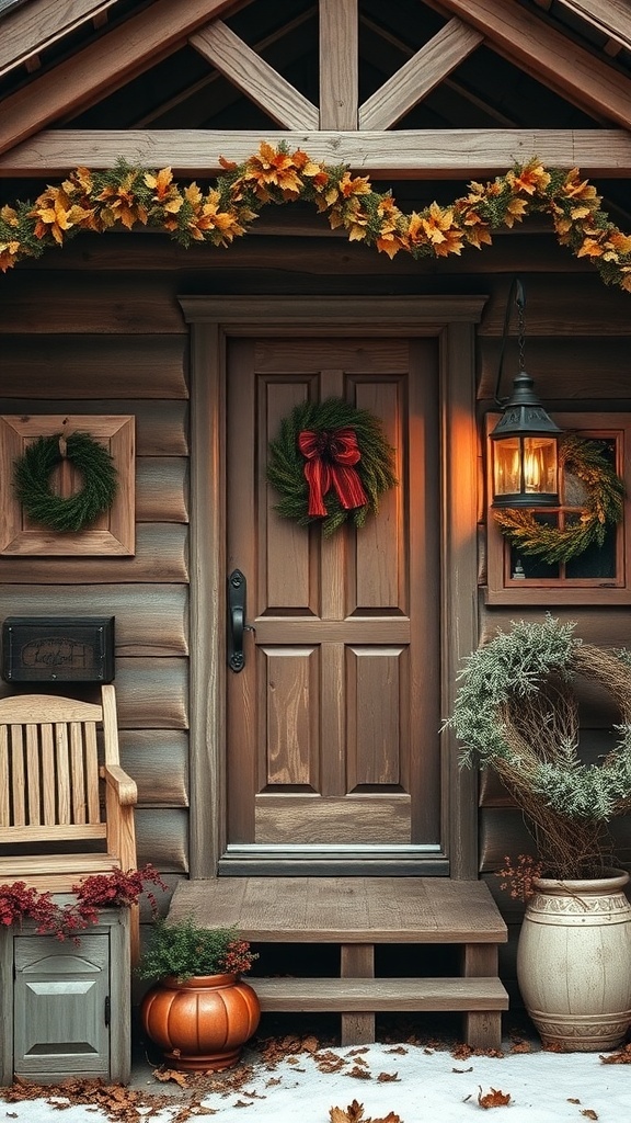 A vintage cabin entrance decorated with autumn leaves, a wreath, and a pumpkin.
