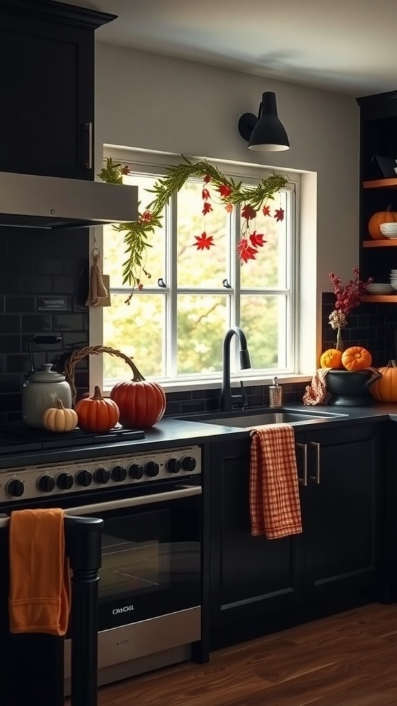 A black farmhouse kitchen decorated with pumpkins and autumn leaves.
