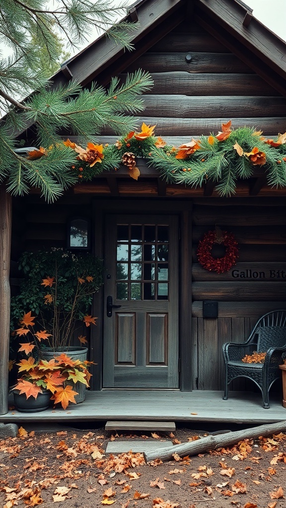 A rustic cabin entrance decorated with pine branches, autumn leaves, and a wreath.