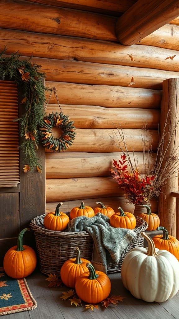 A cozy log cabin corner decorated with pumpkins, a blanket, and autumn leaves.