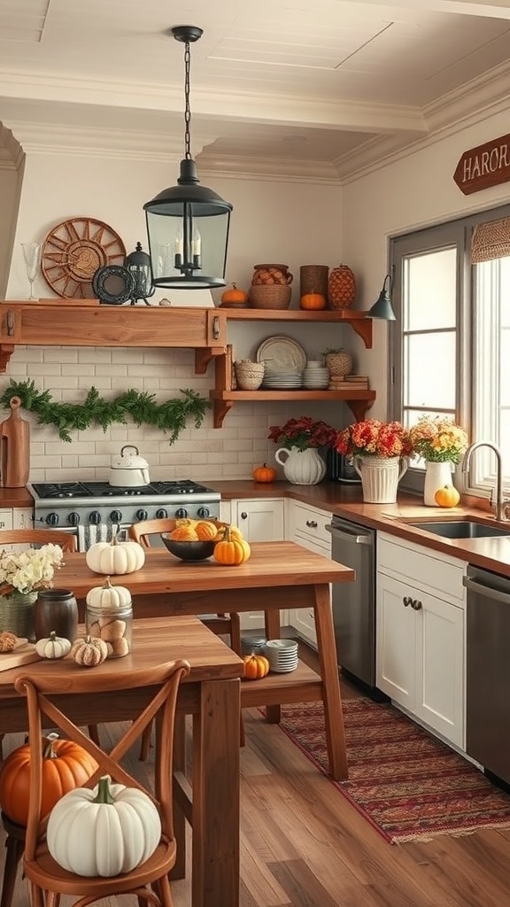 A rustic farmhouse kitchen decorated with pumpkins and flowers for fall.