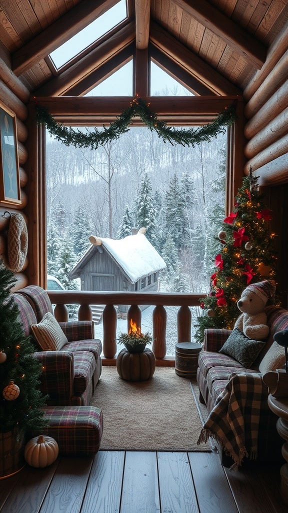 Cozy mountain cabin decorated for winter with a Christmas tree, plush seating, and festive accents.