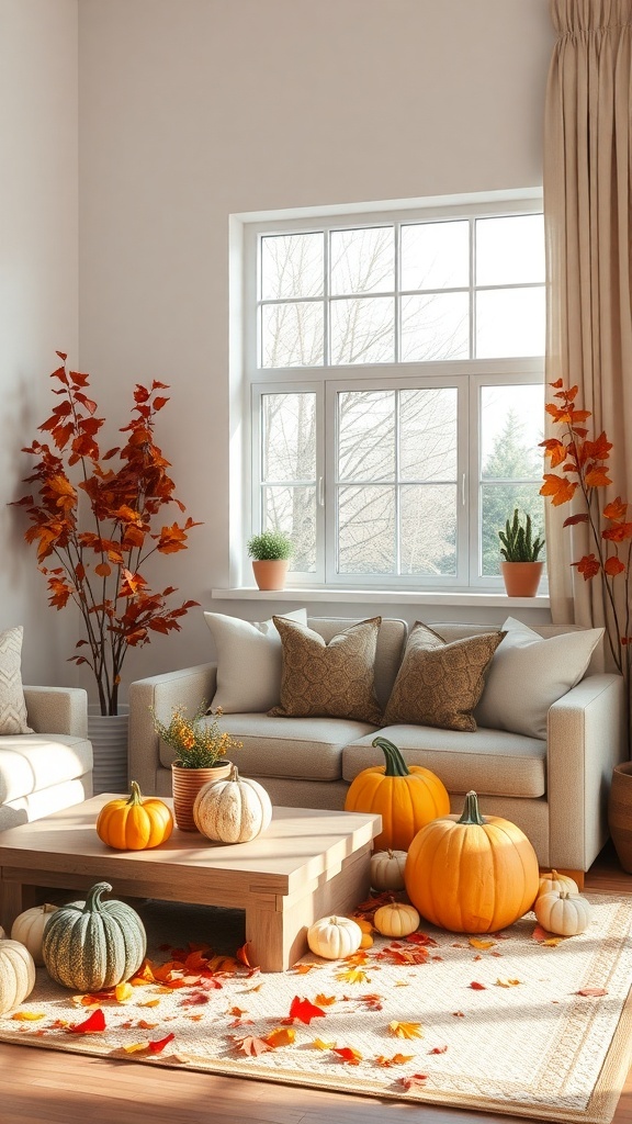 Cozy farmhouse living room decorated for autumn with pumpkins and leaves.
