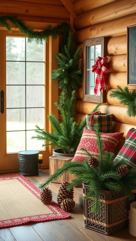 Cozy winter cabin interior with festive decorations and warm lighting.