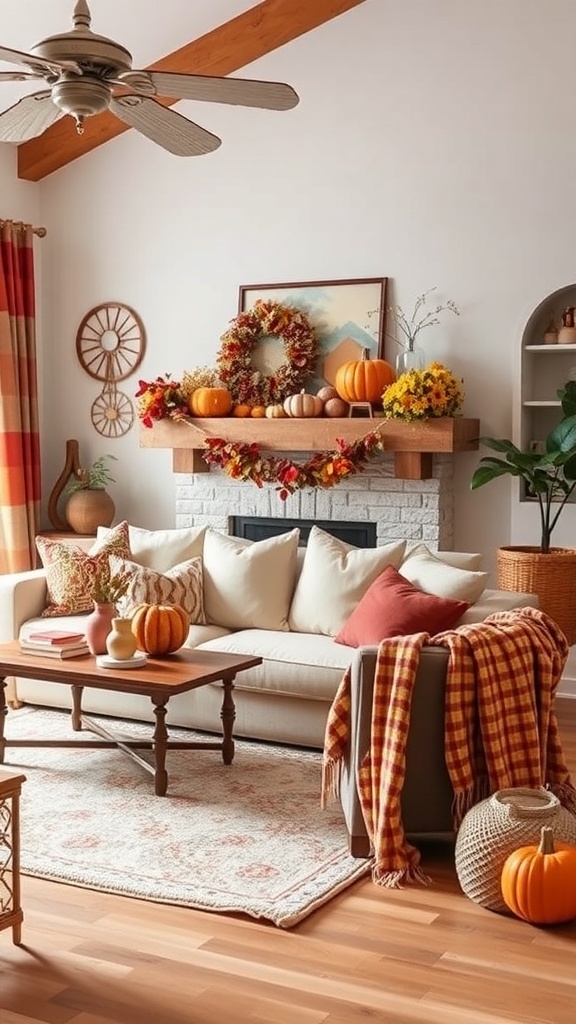 A cozy farmhouse living room decorated for fall with pumpkins, a warm throw, and colorful flowers.