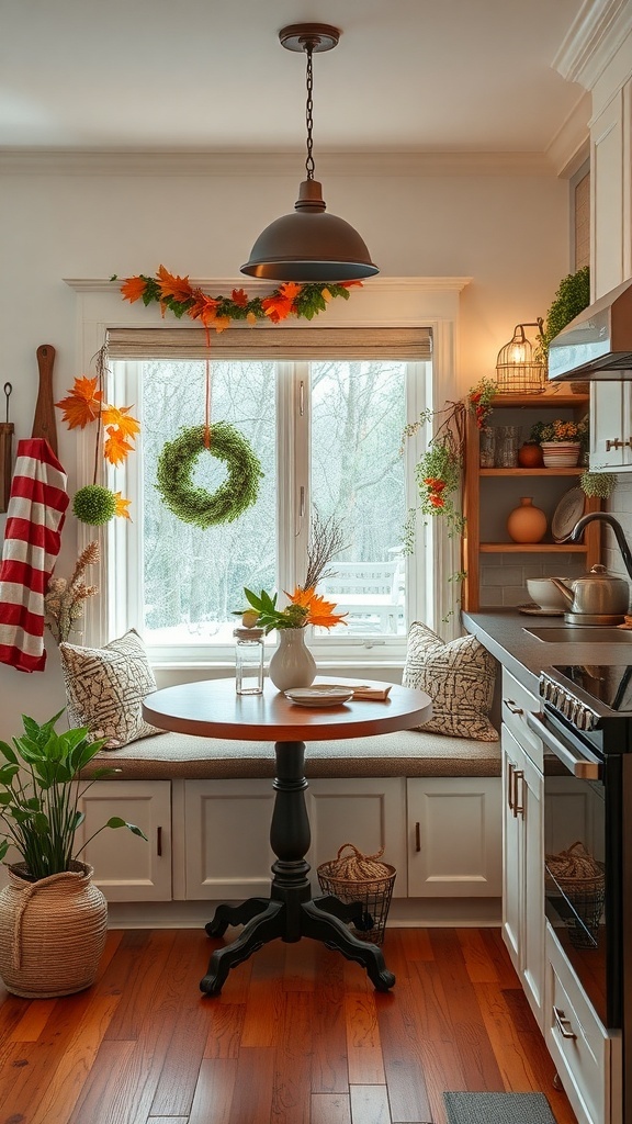 Cozy kitchen nook with seasonal decor including leaves and a wreath