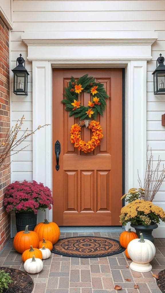 A cozy fall entryway with pumpkins, flowers, and wreaths.