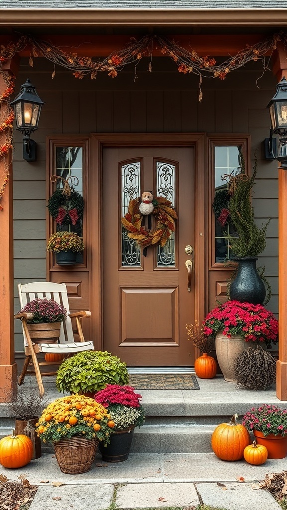 A rustic chic front porch decorated with pumpkins, colorful flowers, and a welcoming wreath.