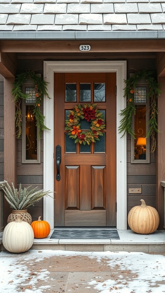 Rustic front door decorated for fall with a wreath, pumpkins, and greenery.