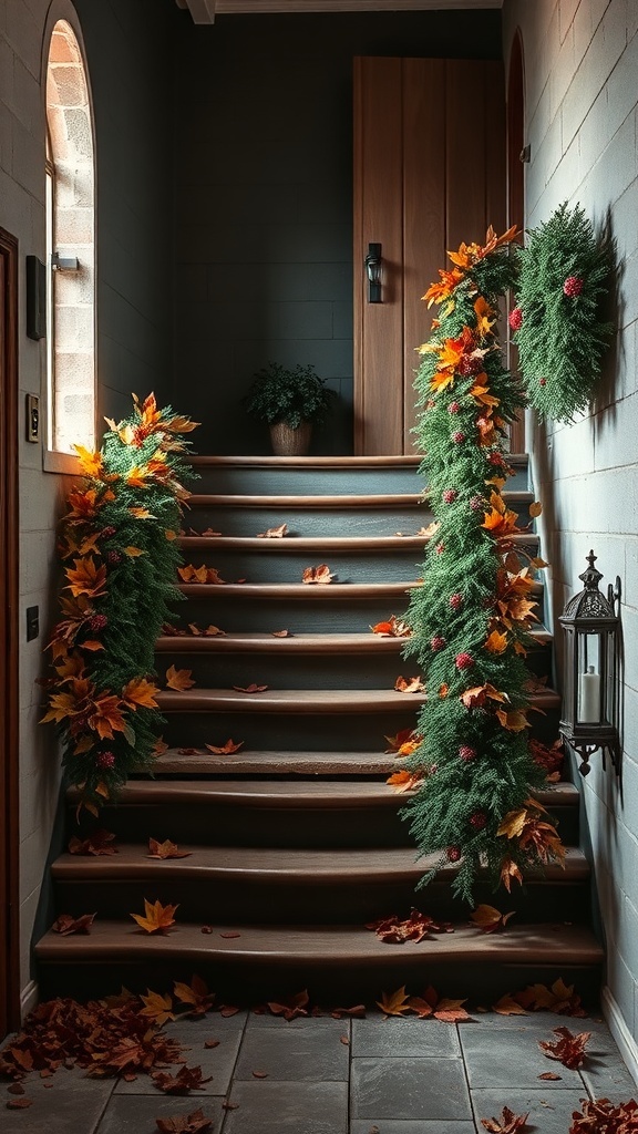 A rustic staircase decorated with greenery and autumn leaves.