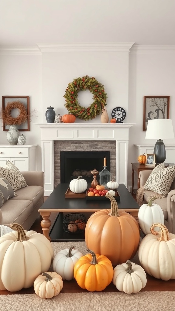 Cozy living room decorated for fall with pumpkins and a wreath