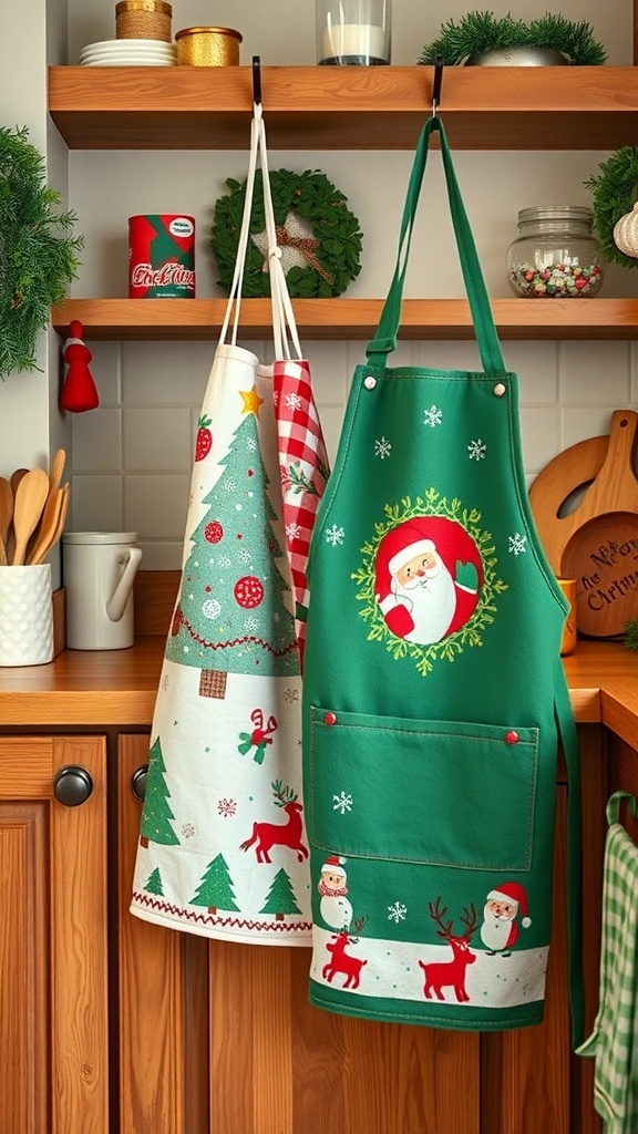 Colorful Christmas dish towels and aprons hanging in a kitchen.