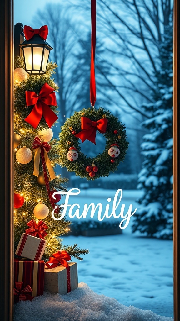 A decorated front door with a Christmas wreath and gifts