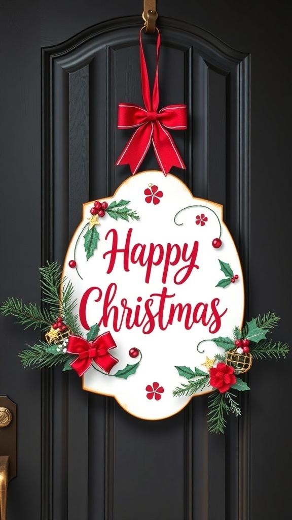 A cheerful Christmas door hanger with the message 'Happy Christmas' decorated with a bow and greenery.