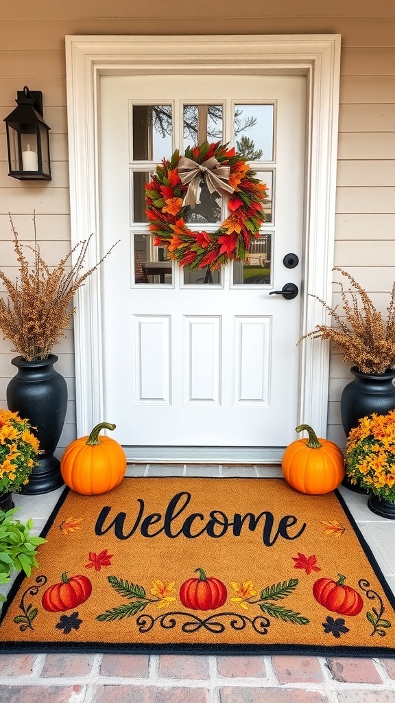 A welcome mat with pumpkins and fall leaves at a front door