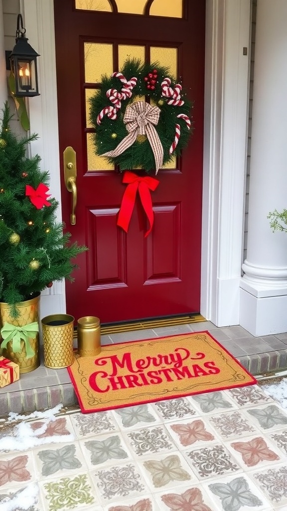 A bright red door with a Christmas wreath and a festive door mat that says 'Merry Christmas.'