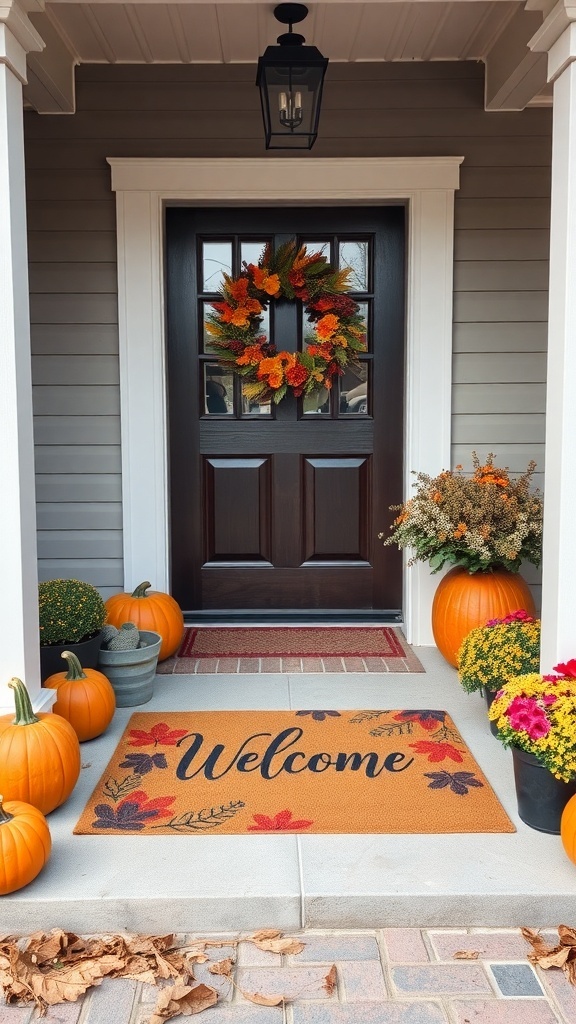 A fall-themed porch with a welcome mat, pumpkins, and flowers.
