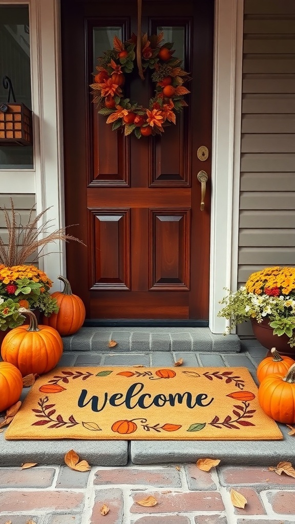 A welcome mat with autumn decorations, pumpkins, and a wreath at a front door.