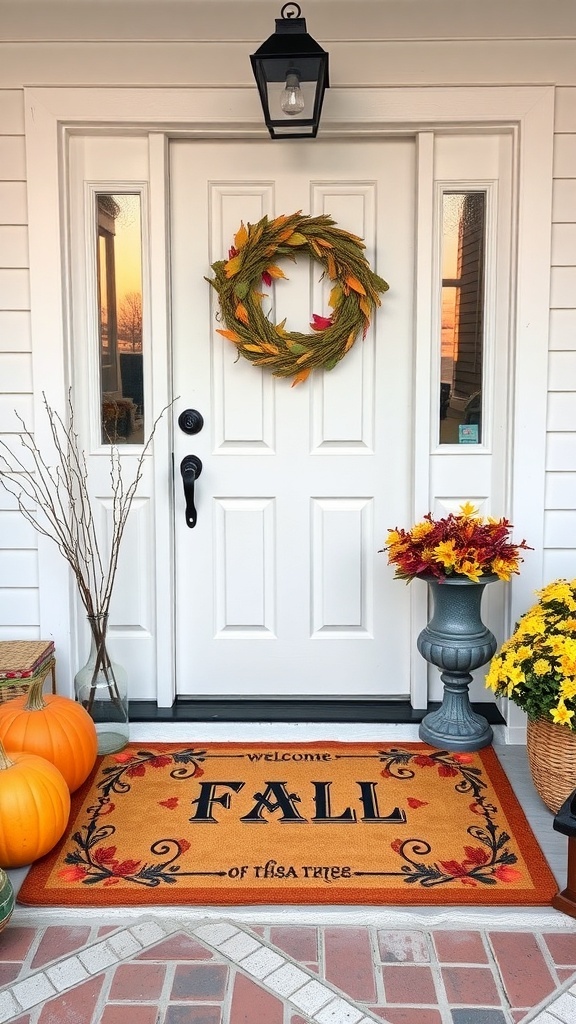 A seasonal door mat that says 'WELCOME FALL' with autumn leaves, pumpkins, and flowers.