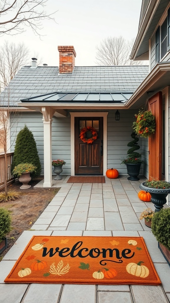 A seasonal door mat with the word 'welcome' and autumn-themed decorations, placed at the entrance of a farmhouse.