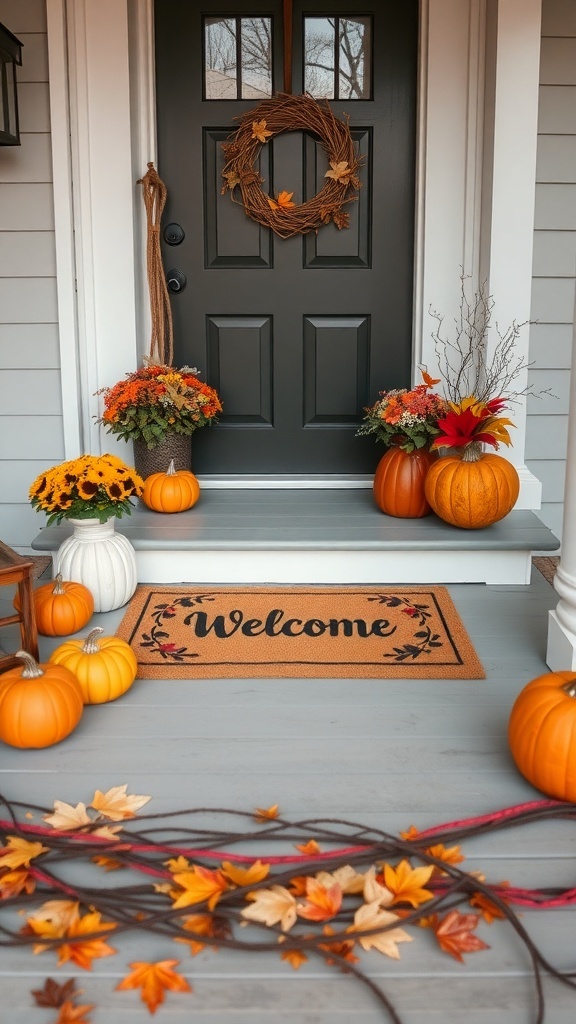 A fall-themed front porch with a welcome mat, pumpkins, and autumn decorations.