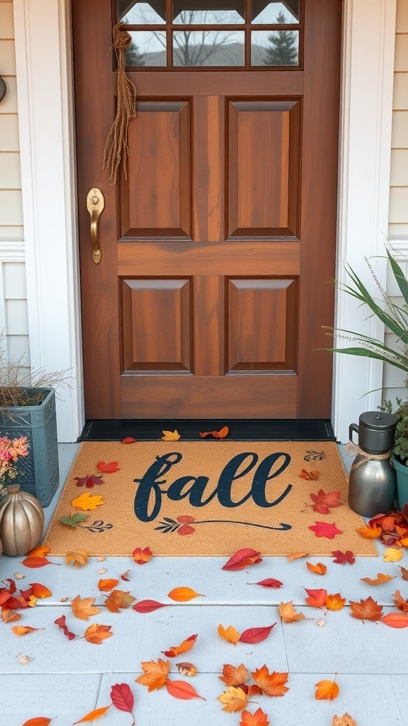 A fall-themed door mat with the word 'fall' on it, surrounded by colorful autumn leaves and a wooden front door.
