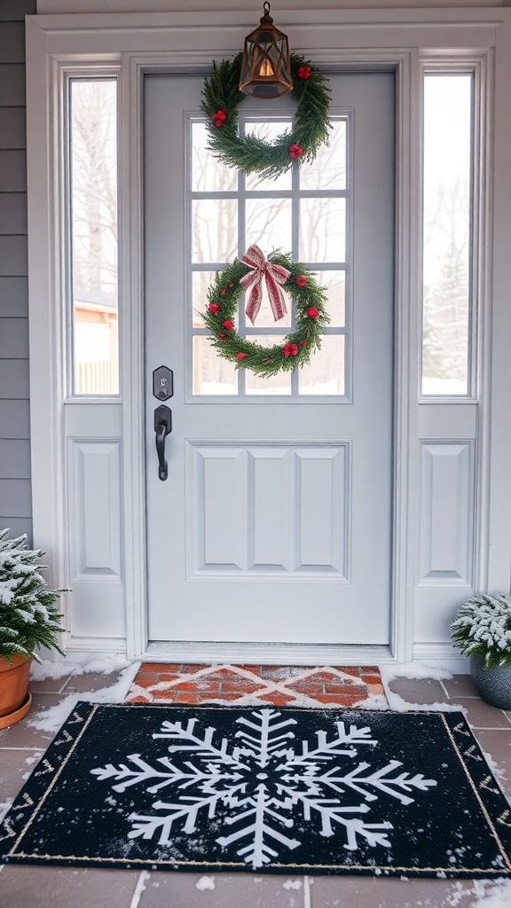 A winter-themed door mat with a snowflake design in front of a door decorated with wreaths.