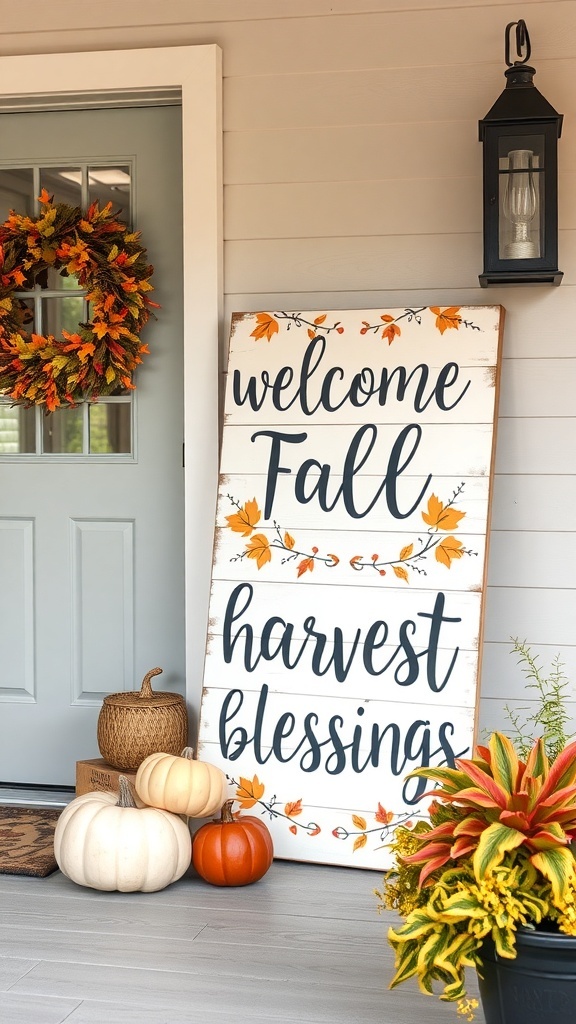 A front porch decorated for fall with a sign that says 'welcome Fall harvest blessings', a wreath, pumpkins, and colorful plants.