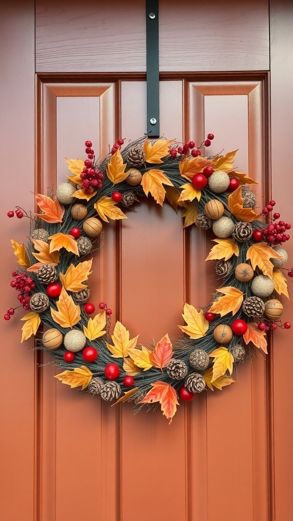 A fall door wreath made of orange and yellow leaves, pinecones, and red berries, hanging on a brown door.