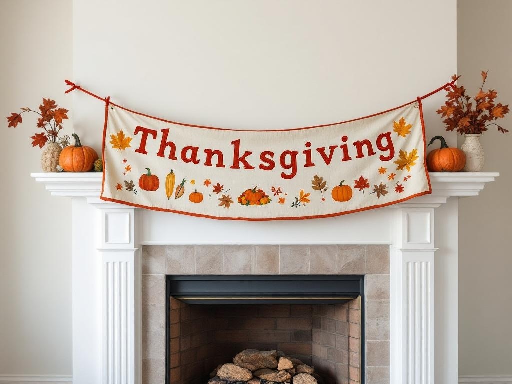 A Thanksgiving fabric banner hanging above a fireplace, decorated with autumn leaves and pumpkins.