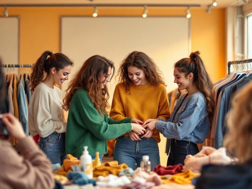 A group of four friends joyfully trying on colorful sweaters in a cozy clothing store.