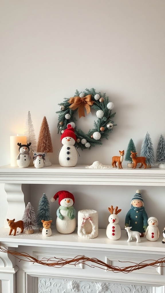 A decorative mantle featuring snowmen, animals, and trees for January decor.