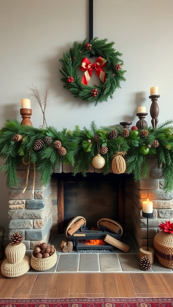 A rustic fireplace decorated with a green wreath, candles, and natural elements like pinecones and greenery.