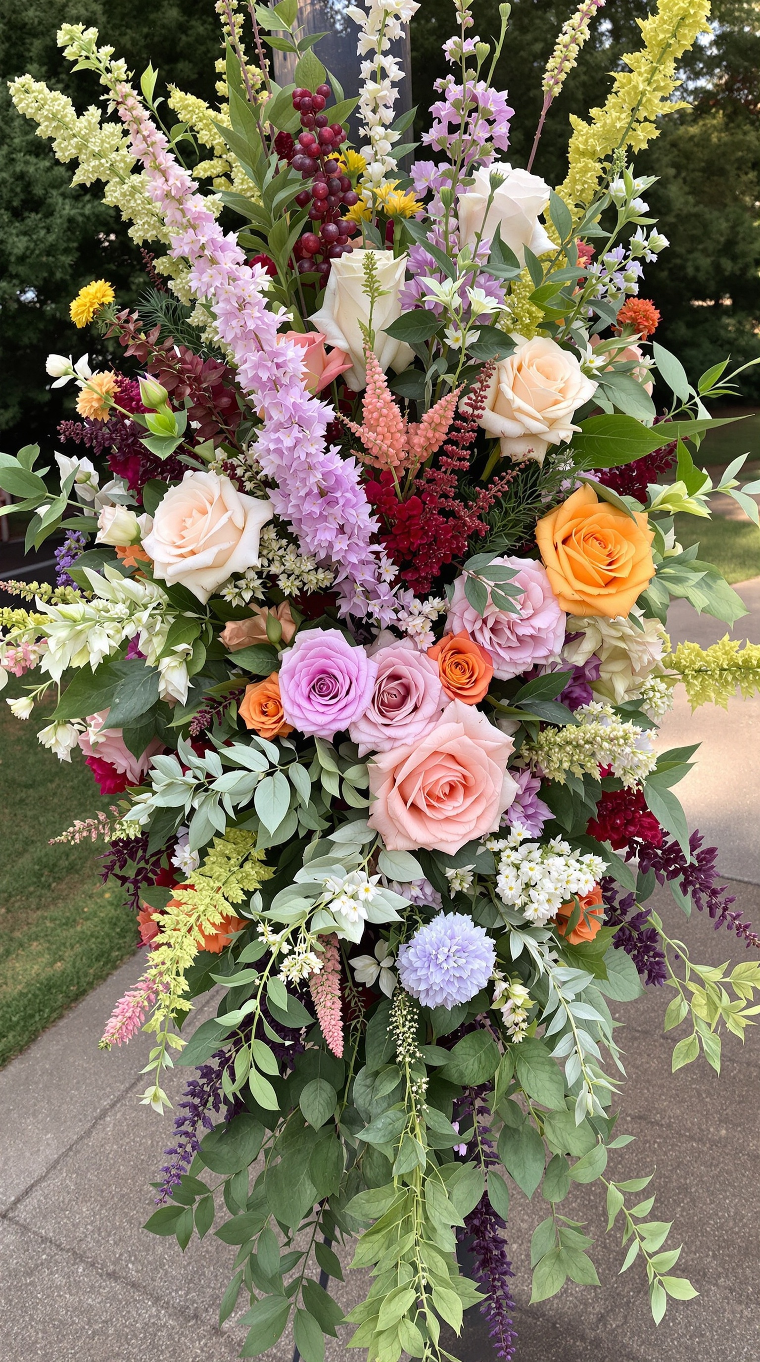 A vibrant arrangement of seasonal flowers in shades of pink, yellow, and purple, perfect for Thanksgiving decorations.