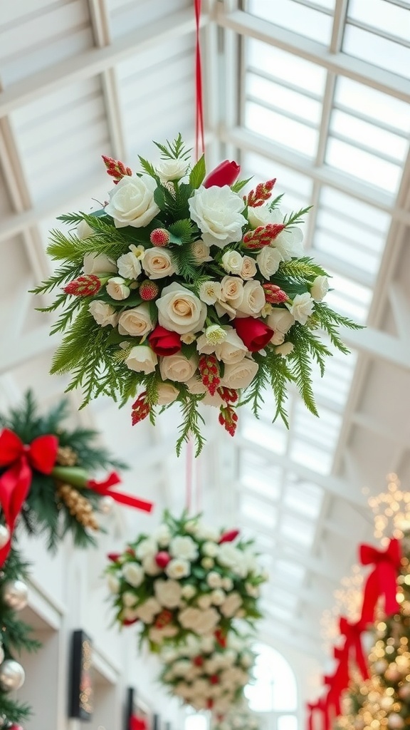 Hanging floral arrangements with white roses and greenery, decorated for Christmas.