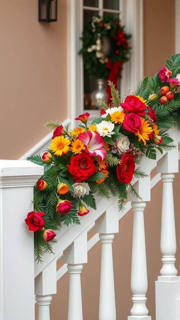 A colorful floral arrangement on a white banister, featuring red roses, yellow daisies, and green foliage.