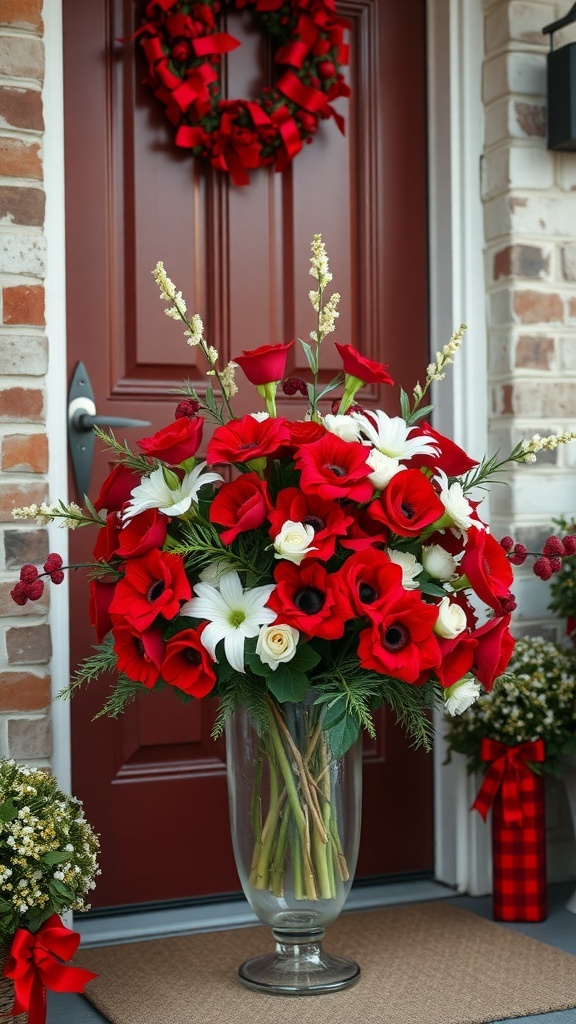 A beautiful floral arrangement in red and white flowers at a front door, complemented by a wreath.