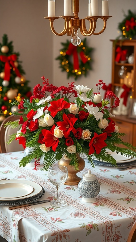 A festive floral arrangement featuring red and white flowers on a dining table decorated for Christmas.