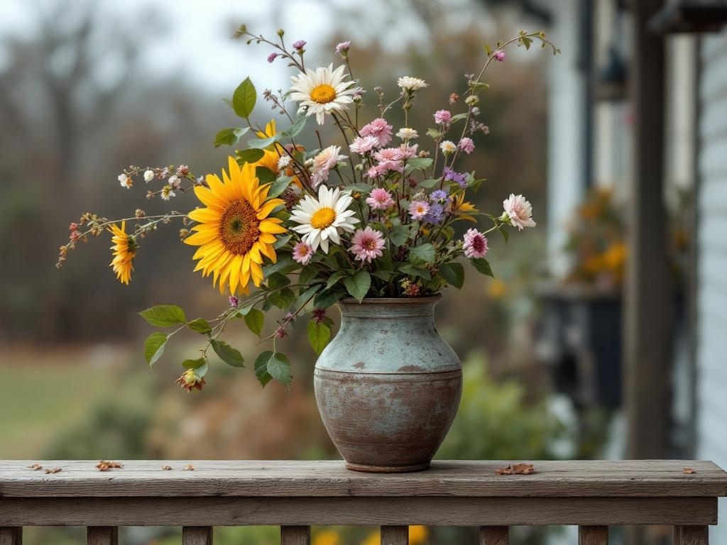 A rustic vase filled with sunflowers and wildflowers on a porch railing