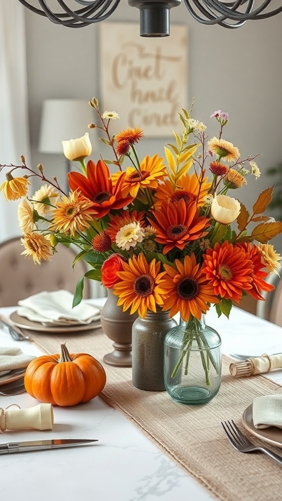 A fall dining room table decorated with vibrant floral arrangements and a small pumpkin.