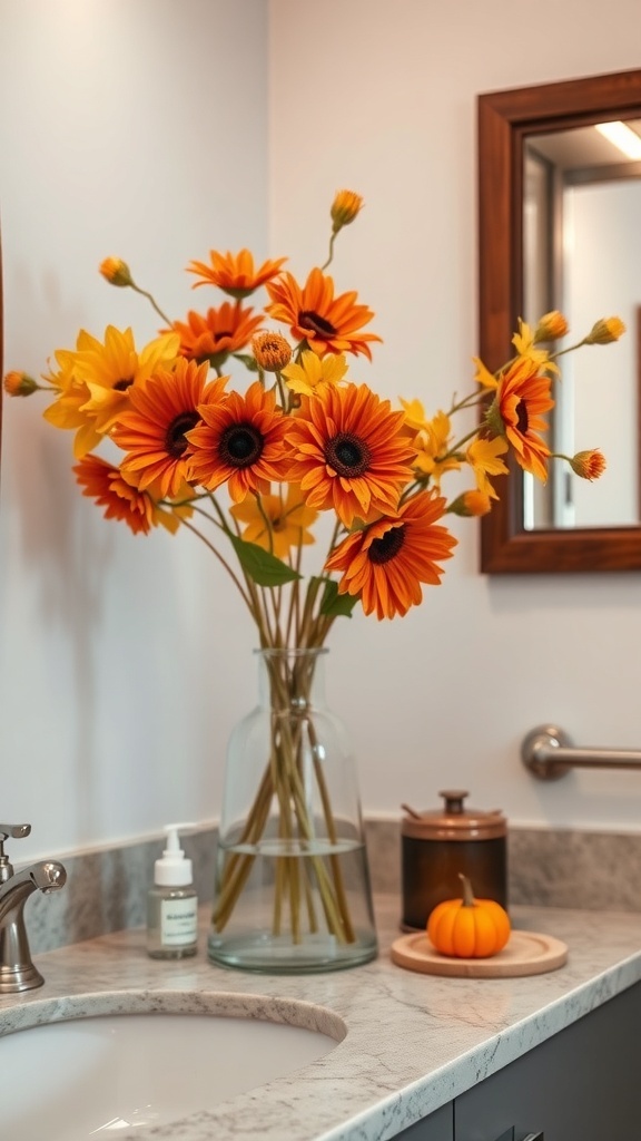 A bathroom countertop with a vase of sunflowers, a small pumpkin, and a few decorative items.