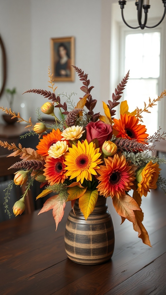 A vibrant fall floral arrangement featuring sunflowers, roses, and autumn leaves in a decorative vase.