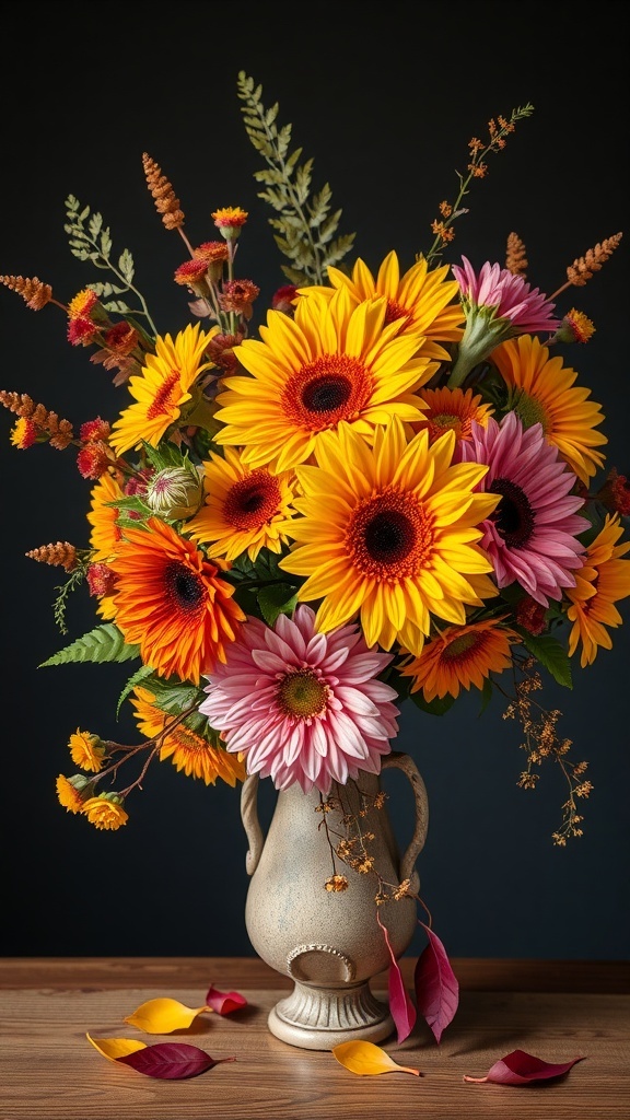 A vibrant fall floral arrangement featuring sunflowers and pink daisies in a rustic vase.