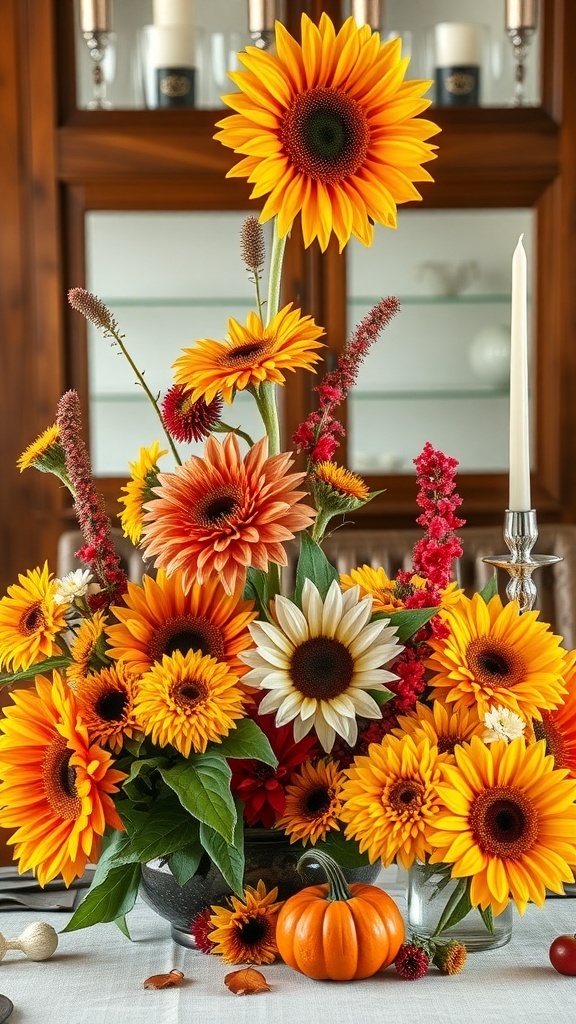 A vibrant fall floral arrangement featuring sunflowers, orange flowers, and small pumpkins.