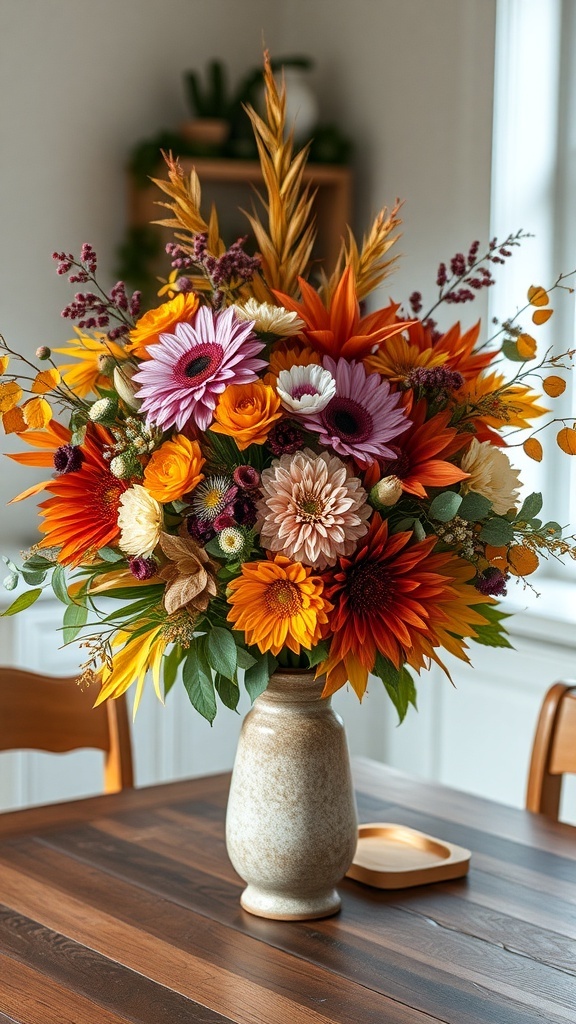 A vibrant fall floral arrangement featuring sunflowers, daisies, and other seasonal flowers in a rustic vase.