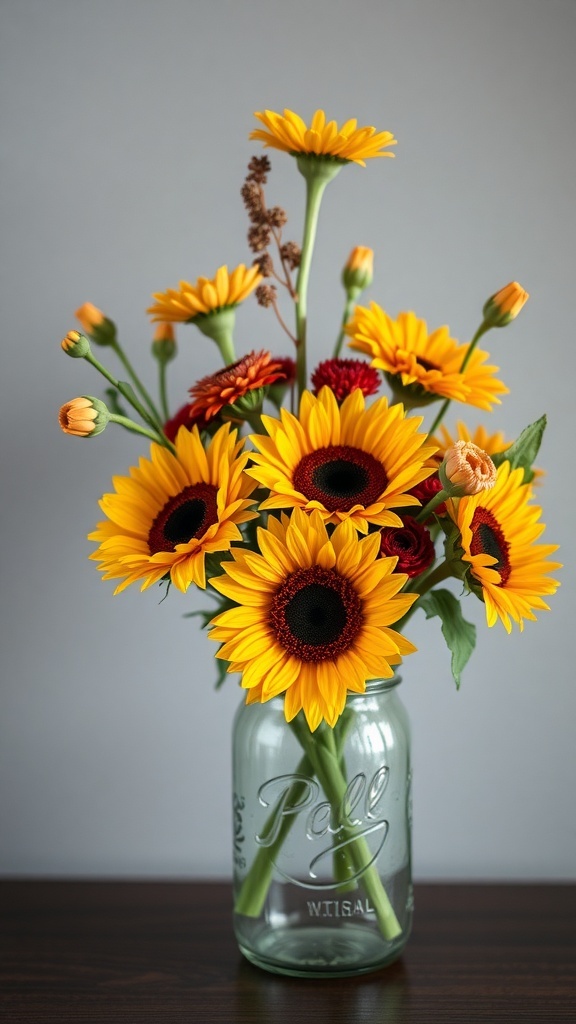 A vibrant bouquet of sunflowers in a mason jar, perfect for Thanksgiving decor.