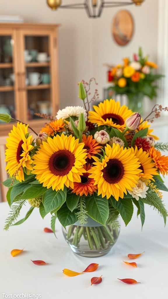 A vibrant floral arrangement featuring sunflowers and other colorful blooms, perfect for Thanksgiving decor.
