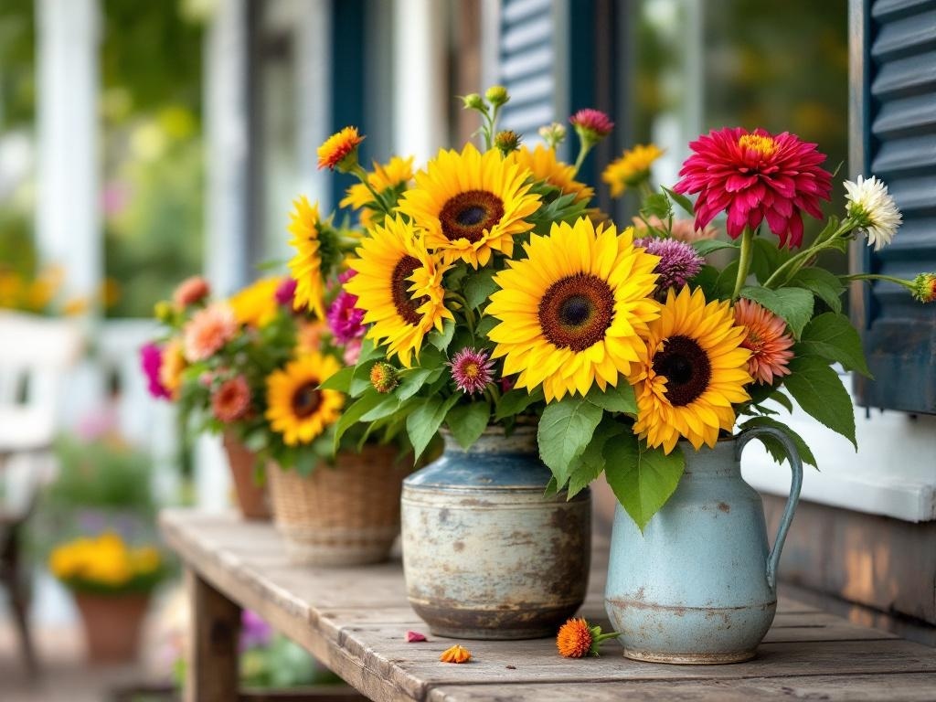 A beautiful display of sunflowers and zinnias in rustic containers on a front porch.