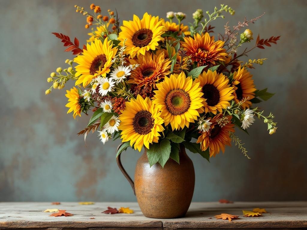 A vibrant floral arrangement featuring sunflowers, daisies, and autumn leaves in an earthenware vase.