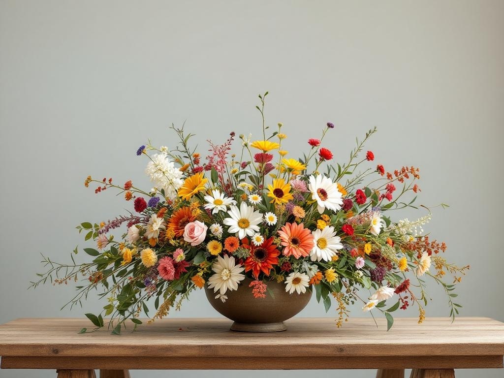 A vibrant boho floral arrangement with a mix of colorful flowers in a natural vase on a wooden table.